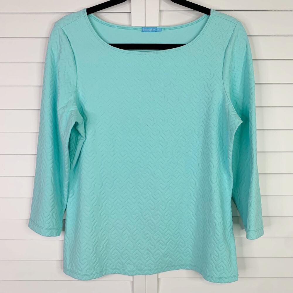 J. McLaughlin Top Large Solid Light Blue Catalina Cloth 3/4 Sleeve Boat Neck